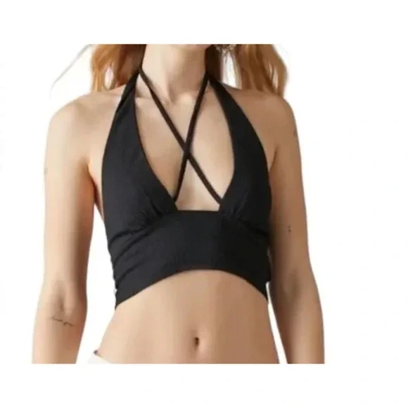 URBAN OUTFITTERS Valeria Halter Crop Top Size Small Black Shirt Strappy - Picture 2 of 12